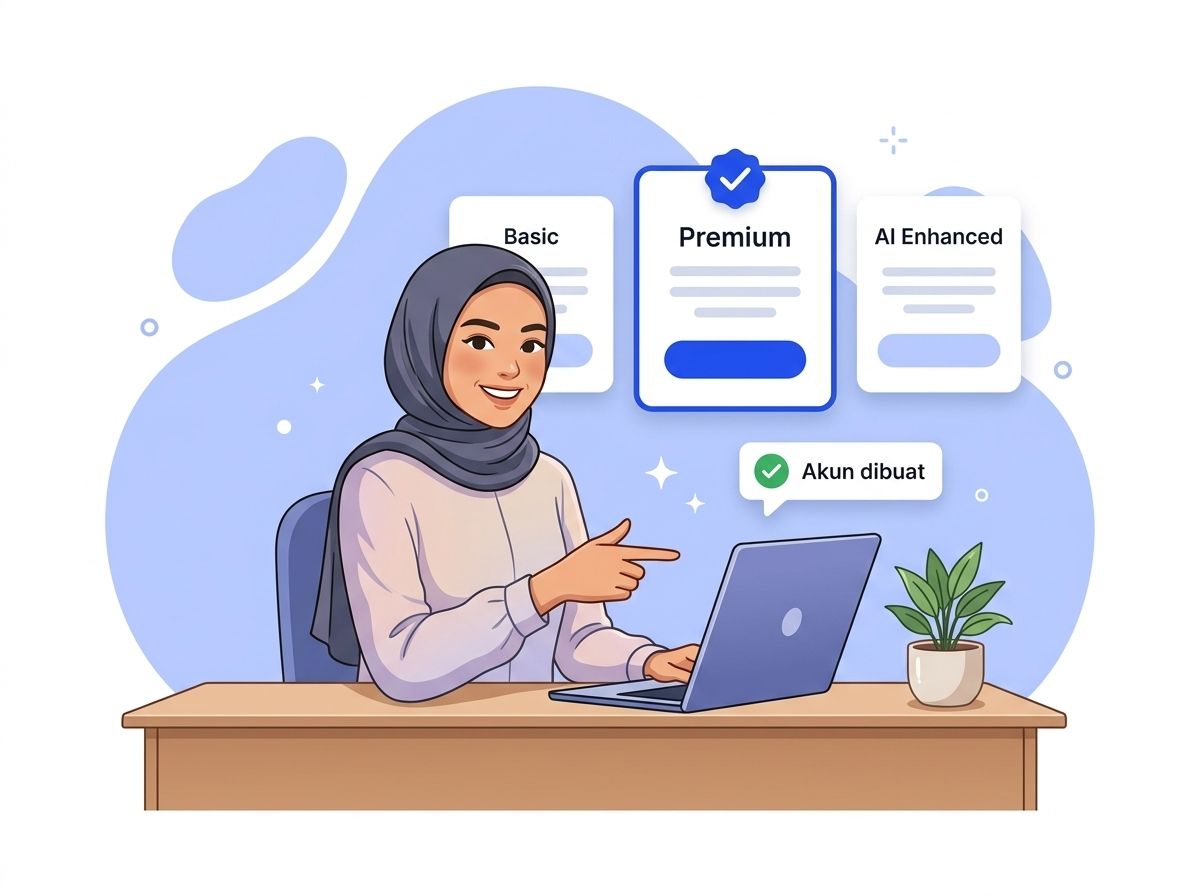 Pemilik usaha memilih paket Basic, Premium, atau AI Enhanced di laptop setelah akunnya dibuat