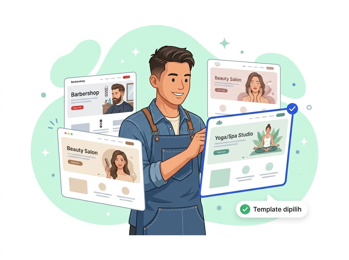 Pemilik usaha memilih template website untuk barbershop, salon, dan studio yoga