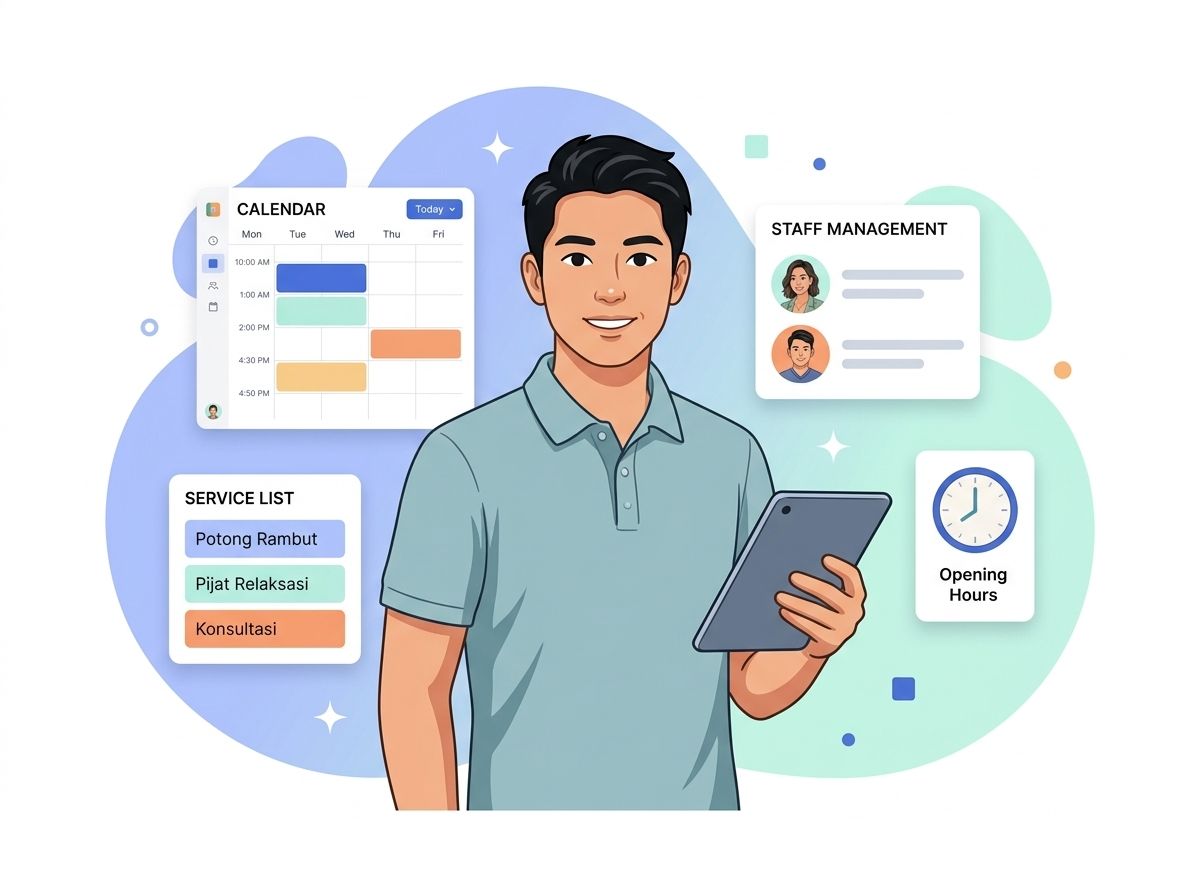 Pemilik usaha mengatur kalender booking, daftar layanan, staf, dan jam buka dari tablet