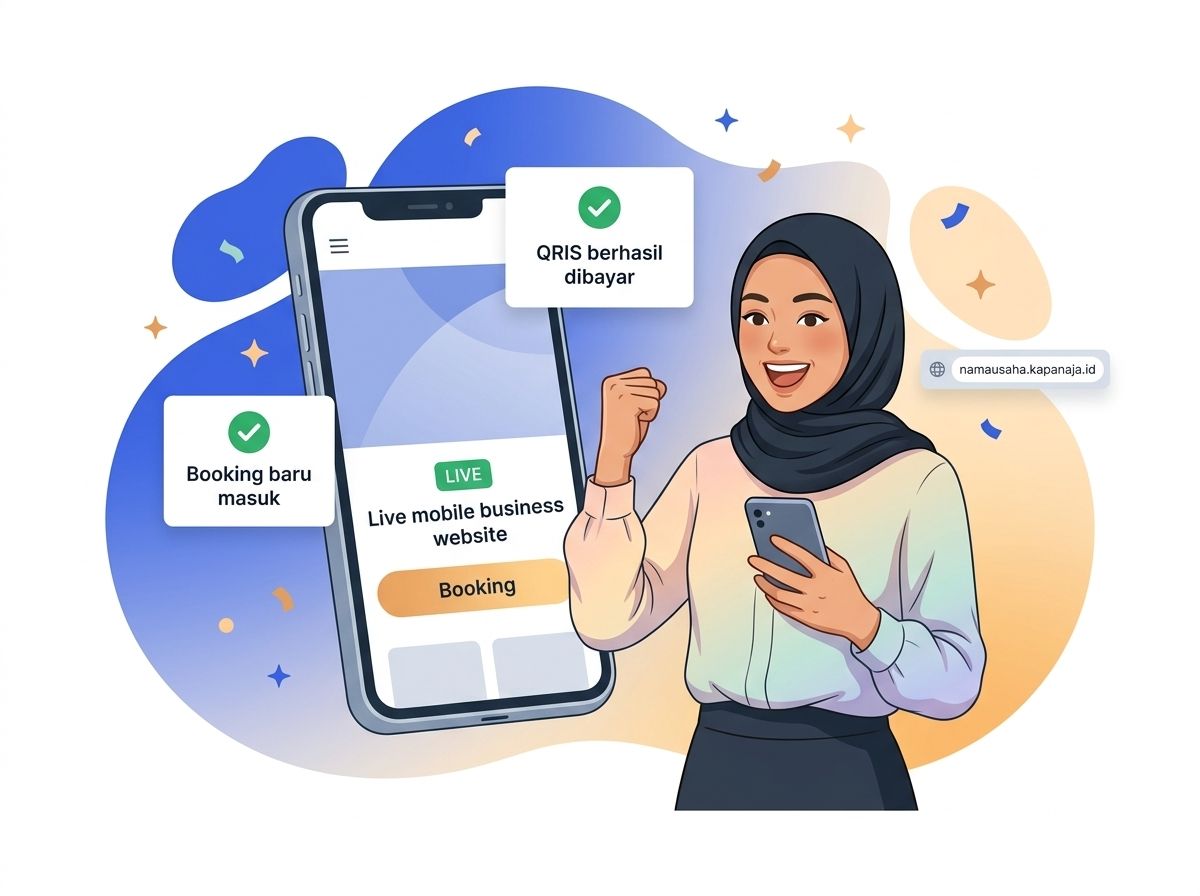 Pemilik usaha merayakan booking baru dan pembayaran online yang masuk dari website yang sudah aktif