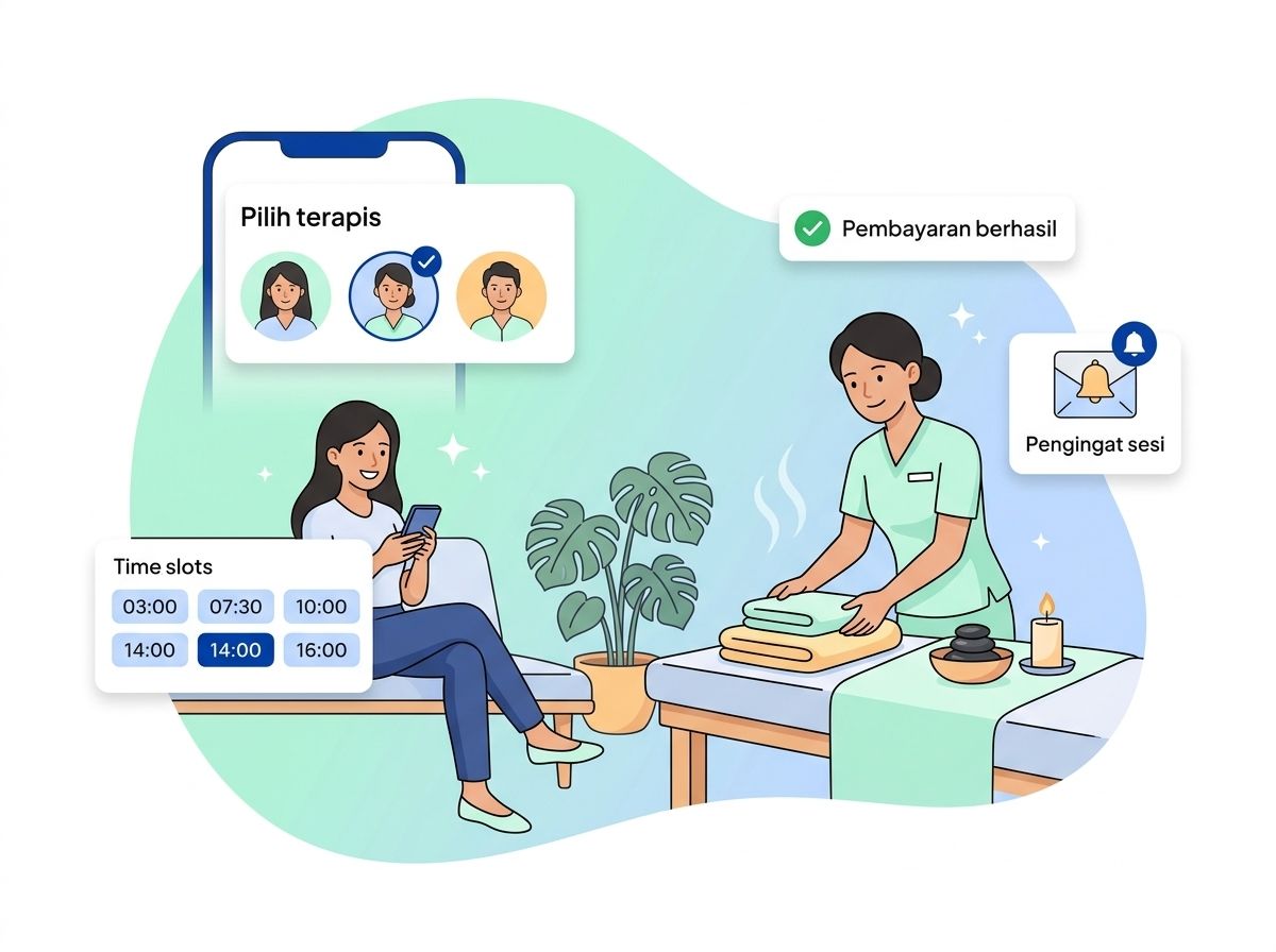 Pelanggan memesan sesi spa lewat ponsel sementara terapis menyiapkan ruang treatment
